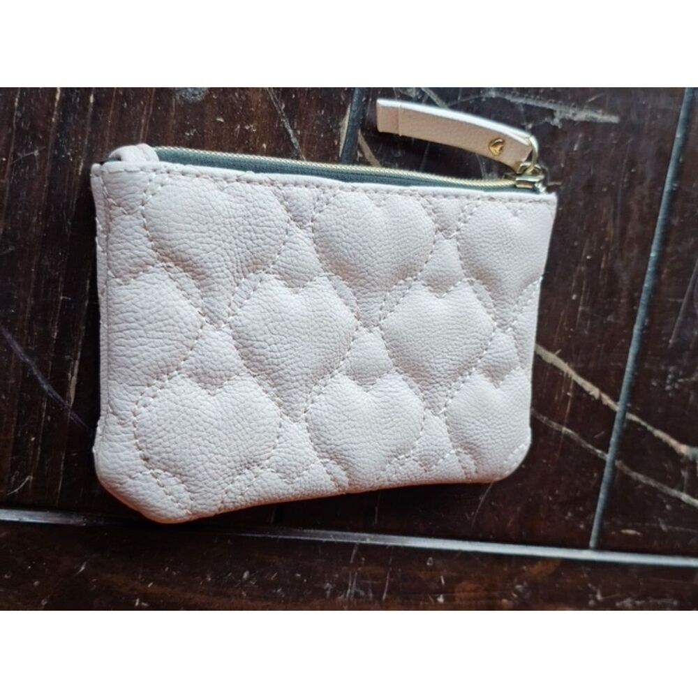 Blush Pink Quilted Heart Coin Purse - Small Zip Card Pouch - Gold Heart Detail